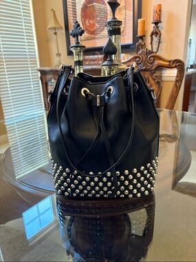 MICHAEL Michael Kors Black Studded Leather Drawstring Bucket Bag